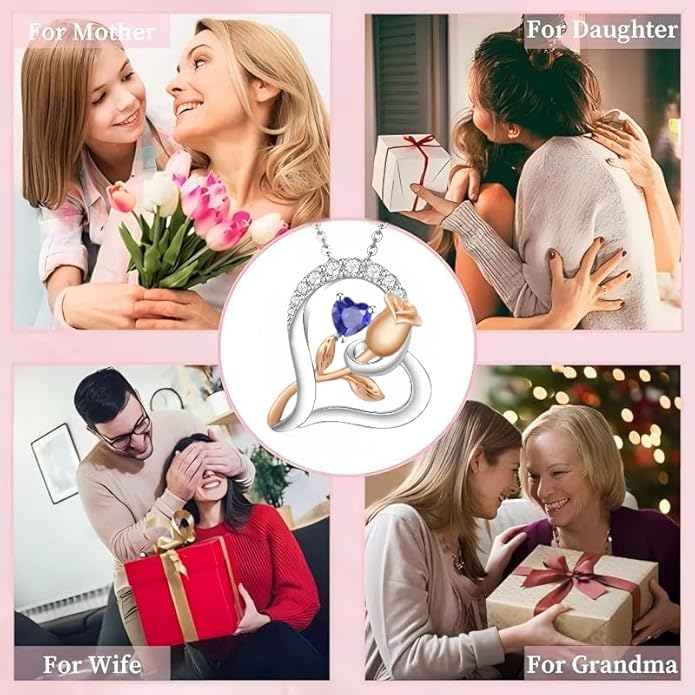 Rose Flower Heart Birthstone Necklaces for Women, 925 Sterling Silver Anniversary Jewelry, Pendant Heart Necklaces Birthday Anniversary Christmas Gift for Women Wife Mom Girlfriend Lady