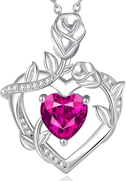 AGVANA Rose Birthstone Necklace for Women Sterling Silver Rose Flower Heart Necklace Fine Jewelry Anniversary Birthday Gifts for Women Wife Mom Her, Length: 18"+2"