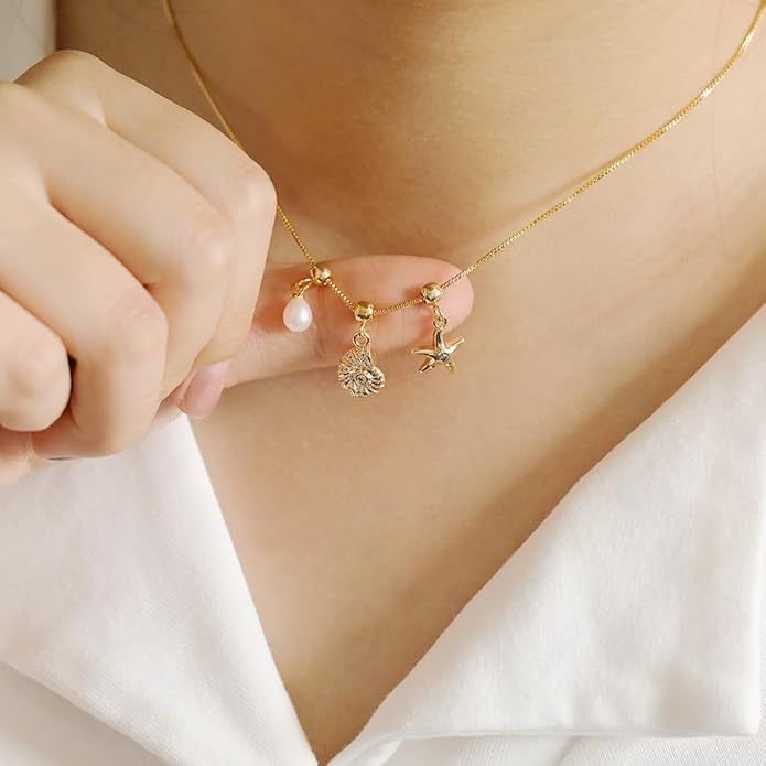 Summer Holiday Necklace,Dainty Chain, Charm Necklace For Women,Cute Cat Charm,Natural Pearls,18k Gold Plated,Choose Your Favorite Charm, Change Easily