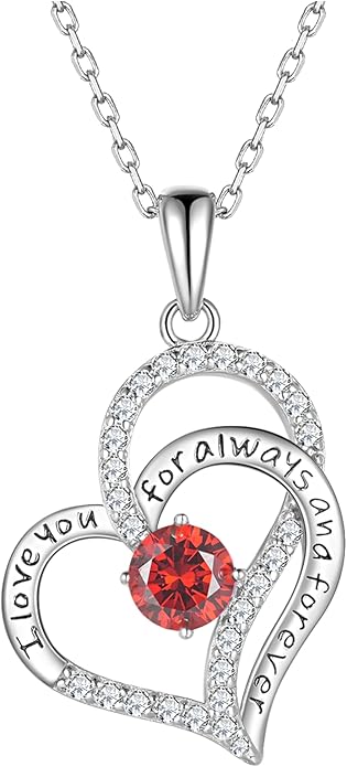 Heart Birthstone Silver Necklace for Women, S925 Sterling Silver Pendant Necklace Birthday Jewelry Gifts for Her Mother Mom Wife Girlfriend