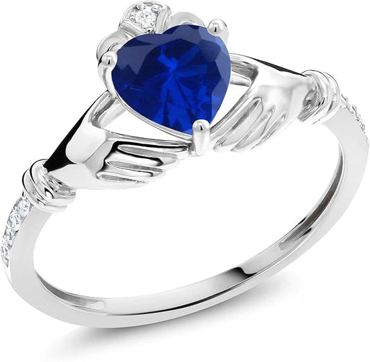 Gem Stone King 10K White Gold 6MM Heart Shape Gemstone Birthstone and White Diamond Irish Celtic Claddagh Engagement Ring | Gold Ring For Women | Available In Size 5, 6, 7, 8, 9