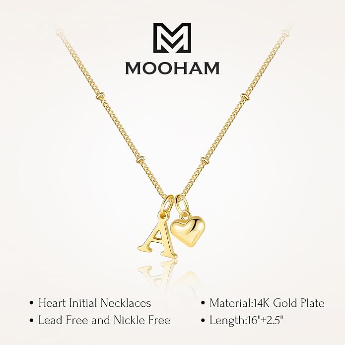M MOOHAM Gold Heart Initial Necklace for Women Girls - 14K Gold Plated Letter A-Z Pendant Necklace Dainty Heart Necklaces Tiny Initial Necklaces Birthday Gifts for Women Jewelry