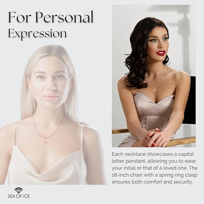 SEA OF ICE Letter Initial Necklace, Alphabet Letter Pendant Necklace, Sterling Silver, Gold, Rose Gold Necklace for Women, Elegant Initial Necklaces, Personalized Custom Women's Necklaces