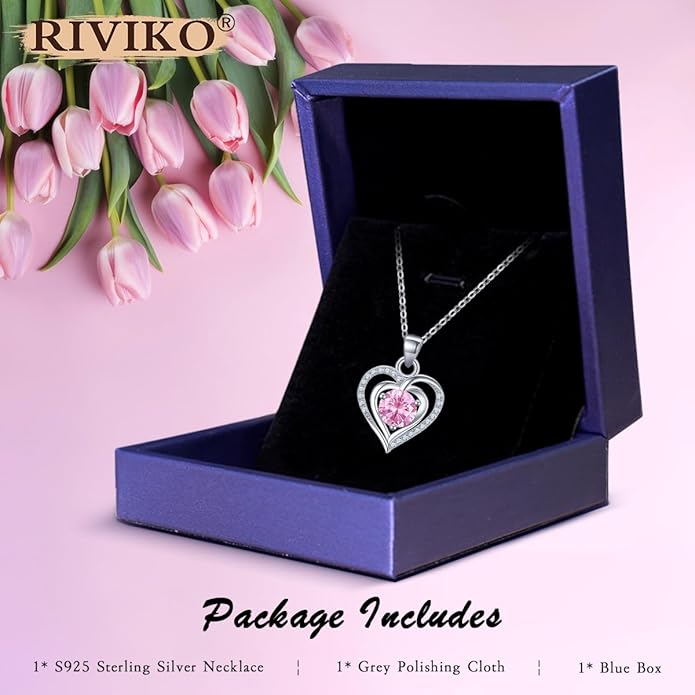 RIVIKO Heart Birthstone Pendant Necklace for Women 925 Sterling Silver Zirconia Necklaces Wedding Anniversary Birthday Mothers Day Jewelry Gifts For Her Mother Wife