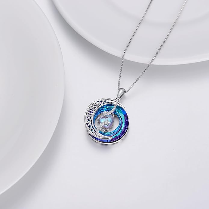 TOUPOP Birthstone Necklace 925 Sterling Silver Moon and Star Pendant with Blue Crystal Celtic Moon Jewelry Birthday Christmas Gifts for Women Mom Wife Her Daughter