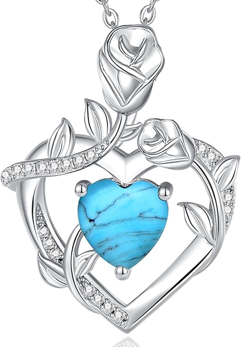 AGVANA Rose Birthstone Necklace for Women Sterling Silver Rose Flower Heart Necklace Fine Jewelry Anniversary Birthday Gifts for Women Wife Mom Her, Length: 18"+2"