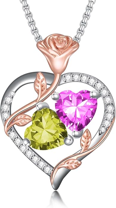 Jewelry for Her Double Heart Rose Birthstone Pendant Necklace Anniversary Jewelry Christmas Birthday Gifts for Women Wife Girlfriend