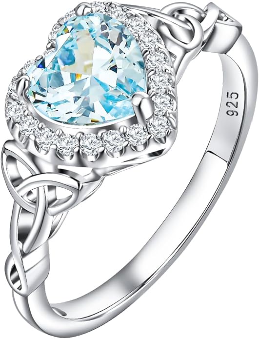 DAYBYDAY Celtic Birthstone Rings for Women 925 Sterling Silver Heart/Round/Pear/Oval Created Gemstone Moissanite Halo Engagement Promise Rings for Her Wife Birthday Anniversary Wedding Jewelry