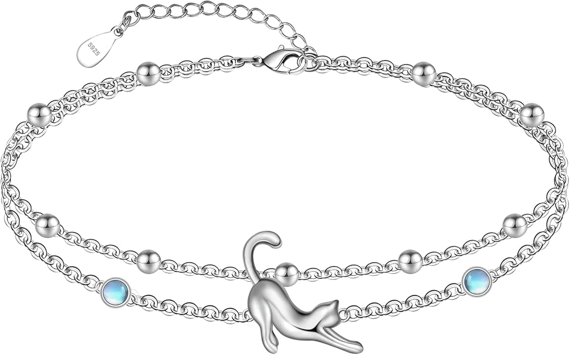 CHIC & ARTSY Womens Sterling Silver Created Opal Layered Anklet Bracelet Dainty Beaded Chain Adjustable 11" Best Friend Anklet