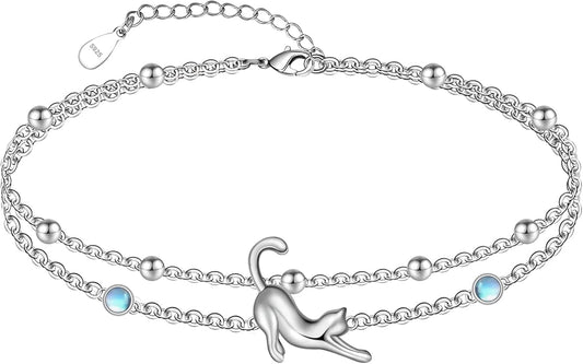 CHIC & ARTSY Womens Sterling Silver Created Opal Layered Anklet Bracelet Dainty Beaded Chain Adjustable 11" Best Friend Anklet