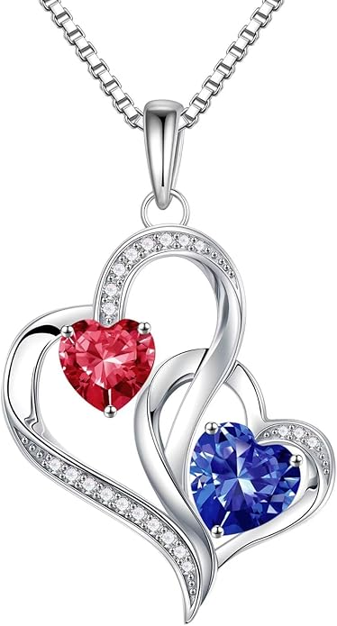 Iefil Birthstone Necklace for Women - 925 Sterling Silver Double Birthstone Heart Necklace | Anniversary Birthday Gifts for Women | Personalized Gifts | Jewelry Gifts for Wife Mom Girlfriend