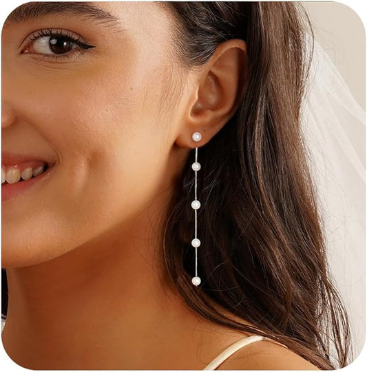 Pearl Earrings，4mm 5mm 6mm Gold/Silver Dangle Earrings for Women White Long Drop Pearl Dangling Earrings Bridal Wedding Dainty Prom Earrings Birthday Gifts Jewelry