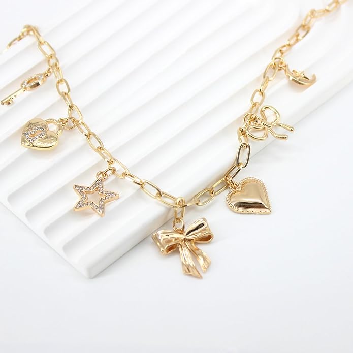 Gold Plated Paperclip Chain Beach Charm Necklace for Women Cute Shell Bow Dainty Beachy Starfish Pearl Seashell Strawberry Fruit Heart Mermaid Summer Jewelry Gift