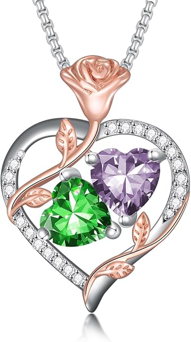 Jewelry for Her Double Heart Rose Birthstone Pendant Necklace Anniversary Jewelry Christmas Birthday Gifts for Women Wife Girlfriend