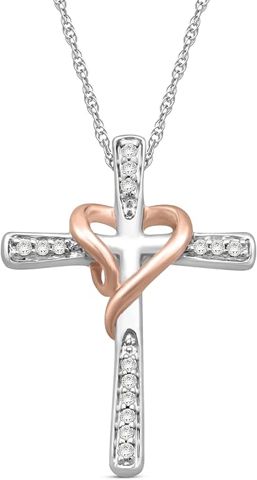 Jewelili Cross Heart Necklace Pendant in Yellow Gold or Rose Gold over Sterling Silver with 1/10 CTTW Natural White Round Diamonds and 18 inch Rope Chain