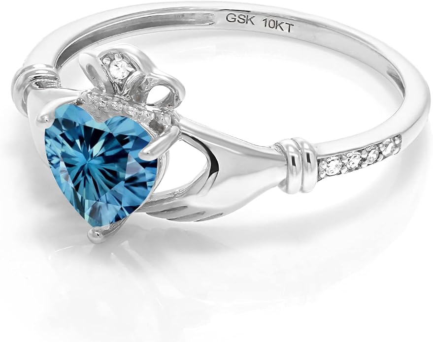 Gem Stone King 10K White Gold 6MM Heart Shape Gemstone Birthstone and White Diamond Irish Celtic Claddagh Engagement Ring | Gold Ring For Women | Available In Size 5, 6, 7, 8, 9