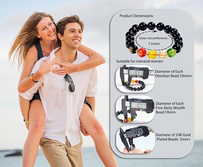 GOLDEN SMILE 10mm Black Obsidian Feng Shui Bracelet - Five Wealth Gods Design with Gold-Plated Spacers & Consecrated Spiritual Talisman - Unisex Meditation Mala for Prosperity, Fortune & Luck