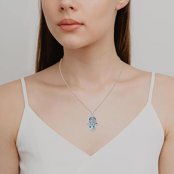 Hamsa Necklace 925 Sterling Silver Evil Eye/Lotus Flower/Star of David/Chai/Yin Yang Hamsa Hand Pendant Jewelry Hand of Fatima Gifts for Women