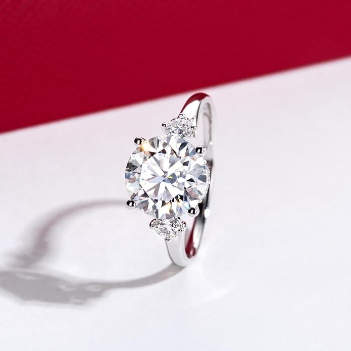 Solid 14K Gold 3.36ct Moissanite Three Stone Rings (3ct Center Stone), Round/Oval/Emerald Shape, Real Gold | D Color and Flawless Moissanite | Wedding Anniversary Ring