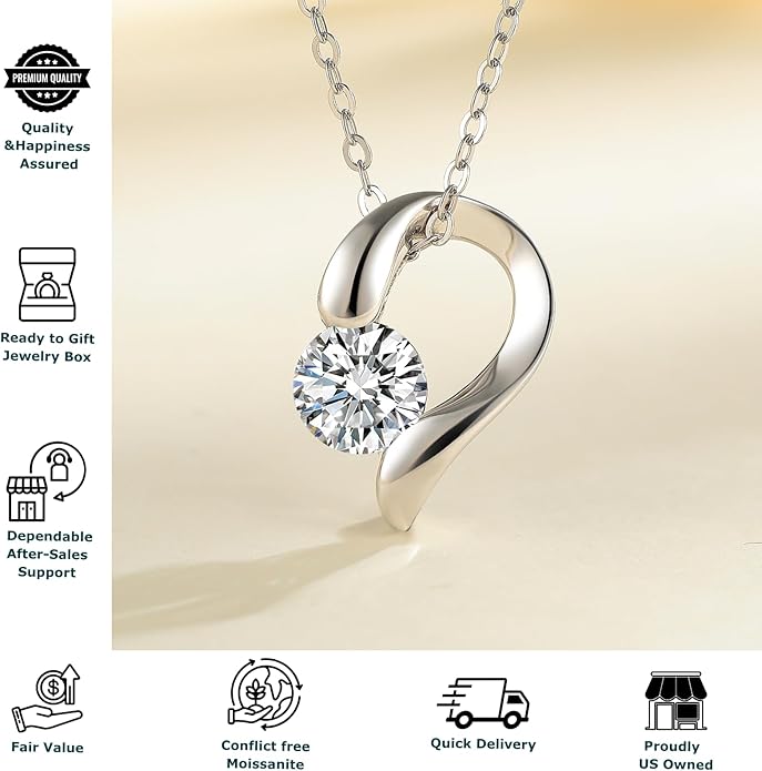 Moissanite Heart Necklace for Women – Shiny Pendant of Love with 925 Sterling Silver Chain, 1-2 Carat Moissanite, Adjustable 18-20 Inch, Romantic Anniversary Jewelry