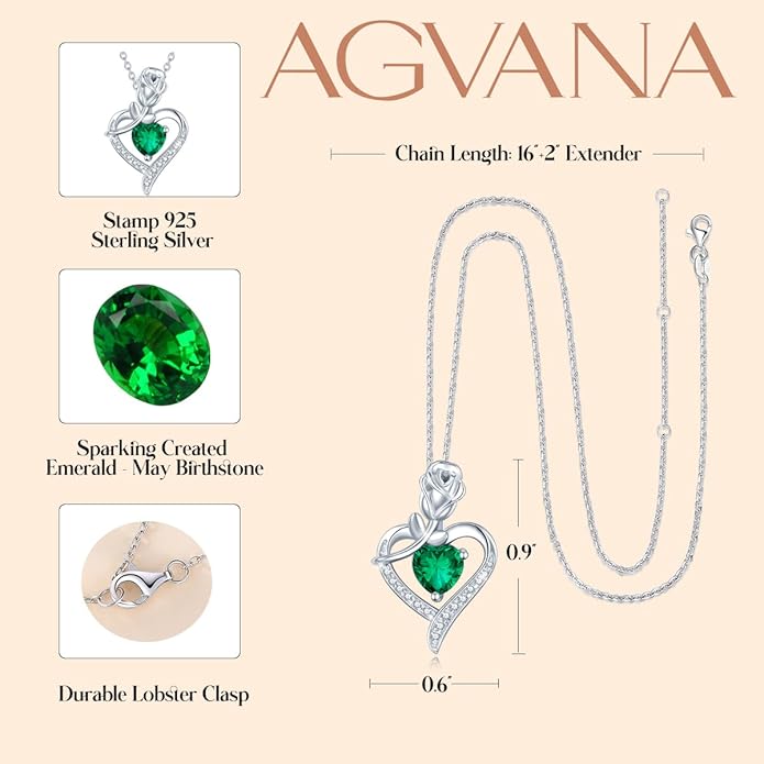 AGVANA Rosy Reverie Birthstone Necklace for Women Sterling Silver Genuine or Created Gemstone Rose Flower Heart Pendant Necklace Anniversary Birthday Gifts for Women Mom Wife Her