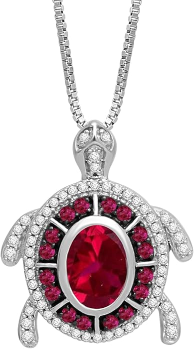 Jewelili Sterling Silver Turtle Birthstone Pendant Necklace | 7X5 MM Oval & 1.25 MM Round Cut Birthstone with Round Created White Sapphire Gemstones | 18" Box Chain | Luxury Jewelry Gift for Her | Gift Box Included