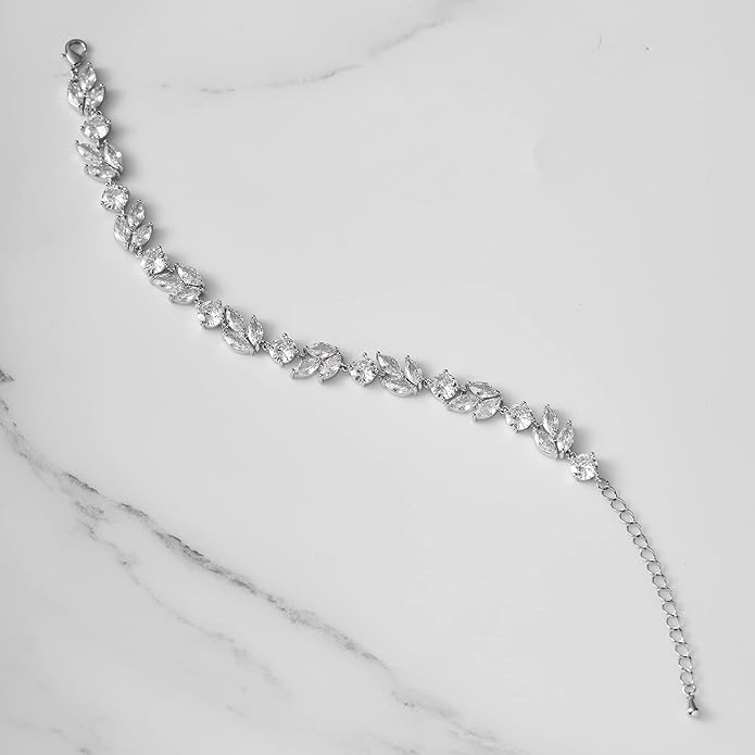 SWEETV Cubic Zirconia Wedding Bridal Bracelet for Brides,Bridesmaids, Silver Crystal Elegant Tennis Bracelet for Women Prom Jewelry Gifts