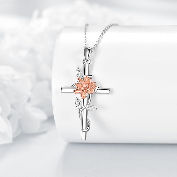 Flower Cross Necklace 925 Sterling Silver Carnation/Rose/Lily/Daisy Cross Necklace Birth Flower Jewelry for Women