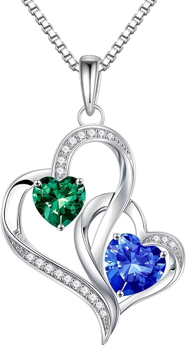 Iefil Birthstone Necklace for Women - 925 Sterling Silver Double Birthstone Heart Necklace | Anniversary Birthday Gifts for Women | Personalized Gifts | Jewelry Gifts for Wife Mom Girlfriend