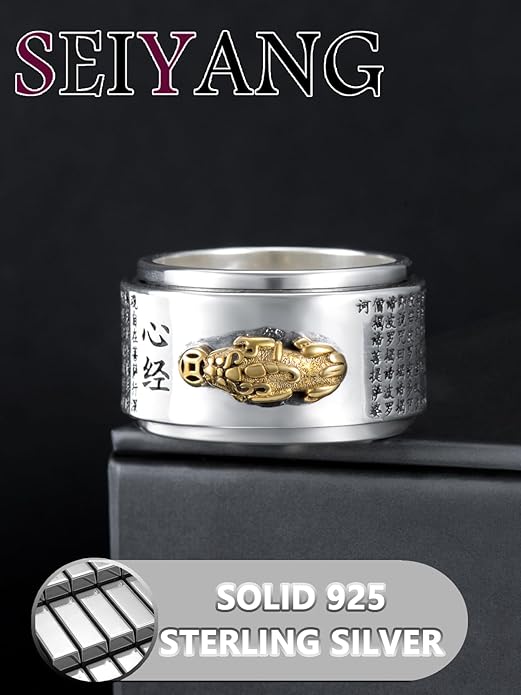 Seiyang Feng Shui Ring 925 Stering Silver Pixiu Mantra Ring Protection Wealth Adjustable Rings Gift for Men Women (with Gift Box)