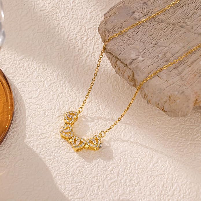 18K Gold Stainless Steel Gold Plated Necklace with Clove Hearts Charm - Can Be Worn Two Ways (Elegant A)