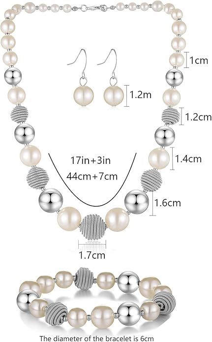 PEARL&CLUB Beaded Chunky Statement Necklace Earring and Bracelet Set Silver Metal Bead Fashion Jewelry Set Mothers’ Day Gifts for Women