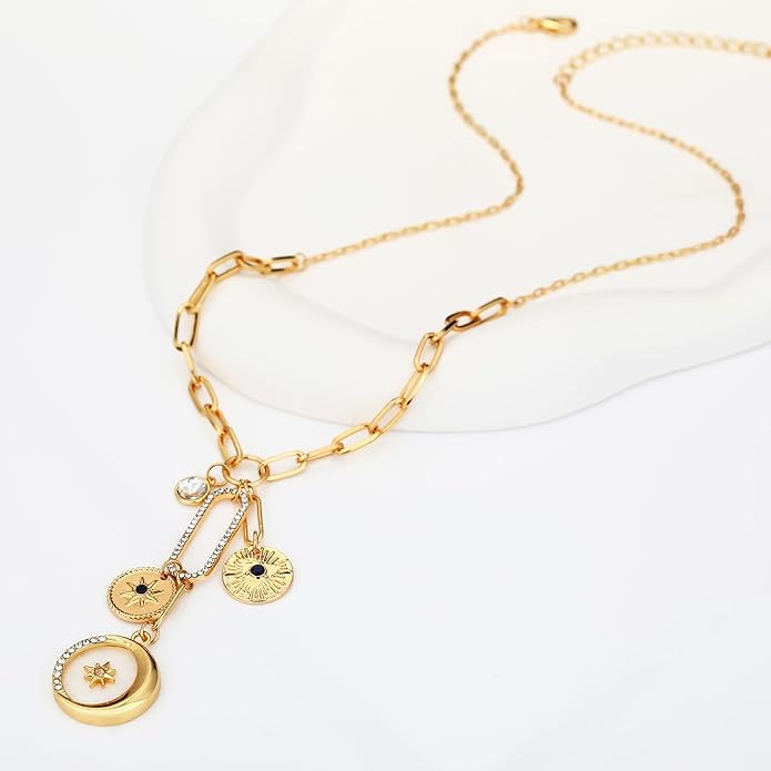 Charm Necklace for Women Gold Evil Eye Sun Moon Flower Coin Pendant Necklace Dainty Paperclip Chain Vintage Luck Amulet Choker Necklaces Celestial Jewelry Gift