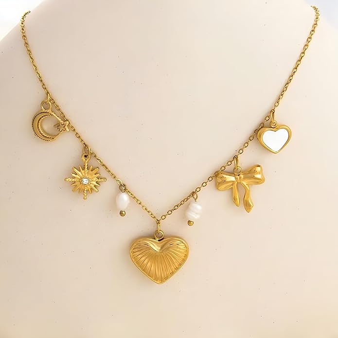 Chunky Retro Heart Necklace for Women Antique Layer Beach Ocean Moon Stars Western Boho Charm Necklaces Retro Link Chain Jewelry
