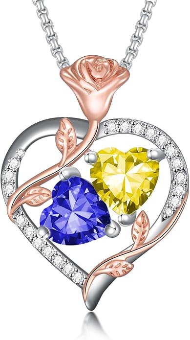 Jewelry for Her Double Heart Rose Birthstone Pendant Necklace Anniversary Jewelry Christmas Birthday Gifts for Women Wife Girlfriend