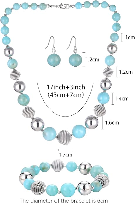 PEARL&CLUB Beaded Chunky Statement Necklace Earring and Bracelet Set Silver Metal Bead Fashion Jewelry Set Mothers’ Day Gifts for Women