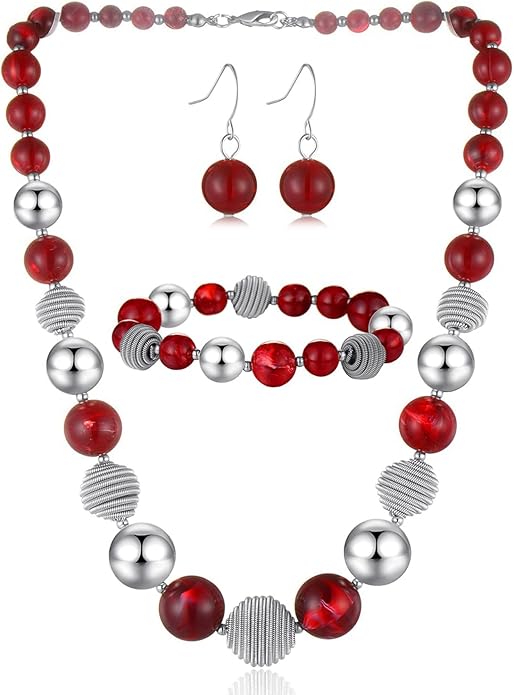 PEARL&CLUB Beaded Chunky Statement Necklace Earring and Bracelet Set Silver Metal Bead Fashion Jewelry Set Mothers’ Day Gifts for Women