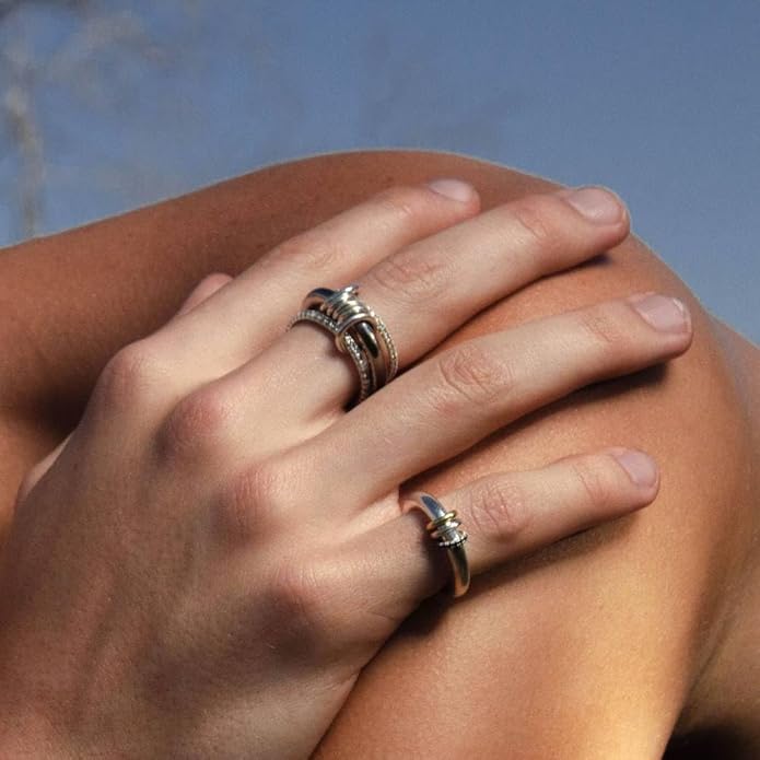 Gold Stackable Rings for Women Non Tarnish, 18k Gold Plated Cubic Zirconia Rings, Silver Gold Multi Ring Mixed Metals Stack Rings Set