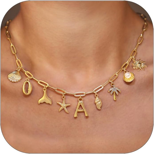 Initial Charm Necklace For Women Shell Letter Necklaces Gold Charms Pendant Boho Summer Seashell Beach 14k Starfish Surfer Jewelry Gifts