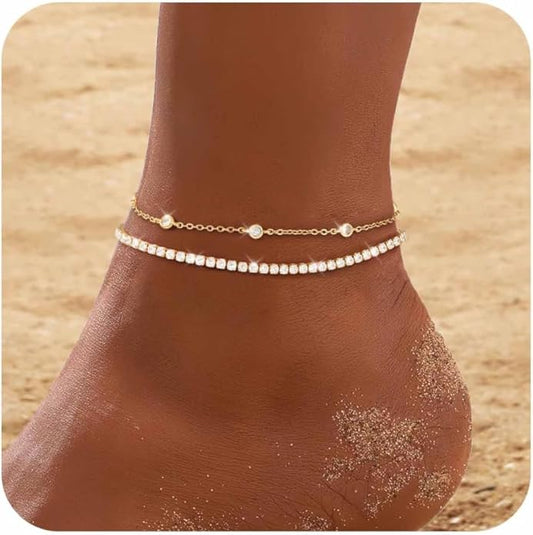 RLMOON Gold Anklets for Women CZ Ankle Bracelet 14K Gold Plated Waterproof Dainty Layered Tennis Heart Dot Chain Silver Clover Anklet Trendy Foot Jewelry