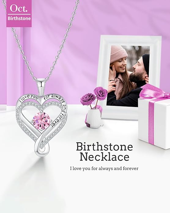 Jewelry for Women Wife Infinity Heart Birthstone I Love You Necklace S925 Anniversary Women Necklaces for Her Wife Birthday Gift Ideas, Birthday Present for Girlfriend Mom Daughter Sterling Silver