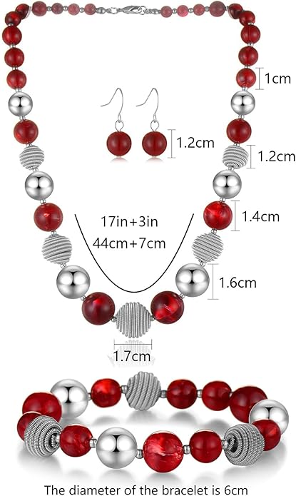 PEARL&CLUB Beaded Chunky Statement Necklace Earring and Bracelet Set Silver Metal Bead Fashion Jewelry Set Mothers’ Day Gifts for Women