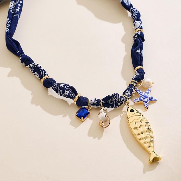 CLASSYZINT Gold Fish Necklace Blue Bead Necklace Boho Ocean Necklace Summer Jewelry for Women