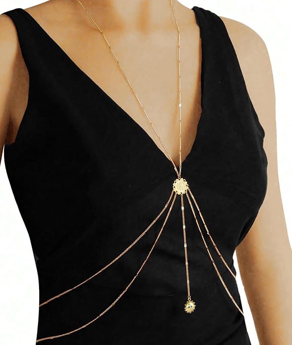 14K Gold Body Chains for Women, Sexy Layered Belly Waist Chain Bikini Bra Chain, Summer Beach Rhinestone Body Jewelry