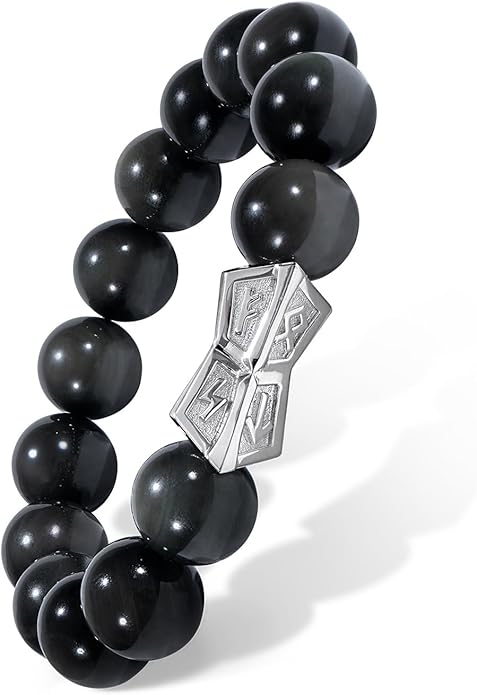 AWNL® Men's Beaded Bracelet with Sterling Silver Engraved Runes Charm 12mm Bronzite Dumortierite Obsidian Natural Gemstone Gift for Men, 6.1''-7.9''