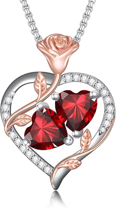 Jewelry for Her Double Heart Rose Birthstone Pendant Necklace Anniversary Jewelry Christmas Birthday Gifts for Women Wife Girlfriend