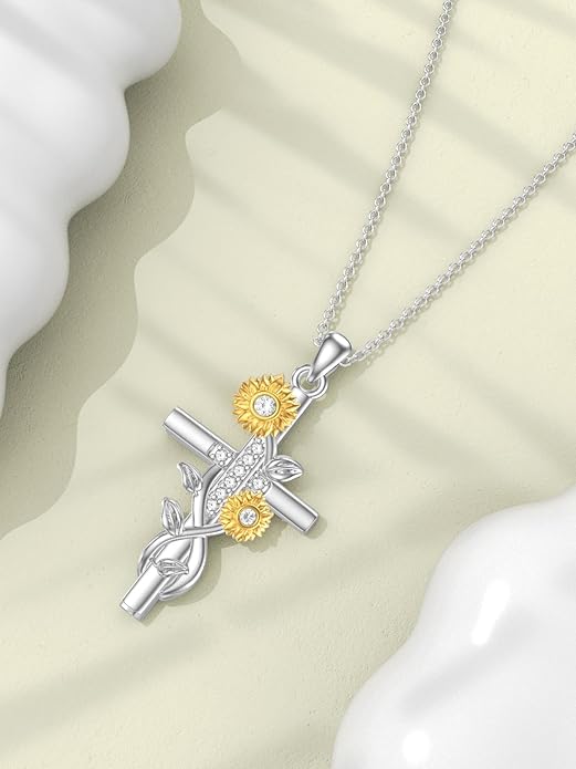 Sunflower Necklace for Women, 18K Gold Plated Silver Moissanite Sunflower Heart/Cross Pendant Necklace You are My Sunshine Gifts Sunflower Jewelry Birthday Christmas Mothers Day Gifts for Her Girlfriend Wife