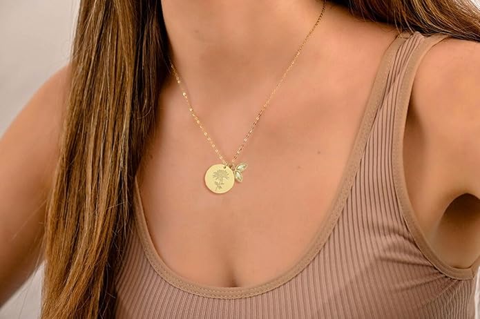 14k Gold Plated Birth Month Flower Birthstone Pendant Necklace, Floral Charm Necklace for Women Birthday Gift