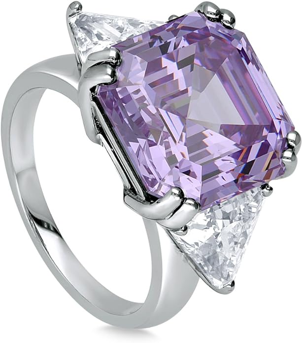 BERRICLE Sterling Silver CZ 3-Stone Solitaire Wedding Engagement Rings for Women, Cubic Zirconia Ring - Asscher, Cushion, Emerald, Pear, Round Cut - Canary Yellow, Green, Amethyst Purple Colors