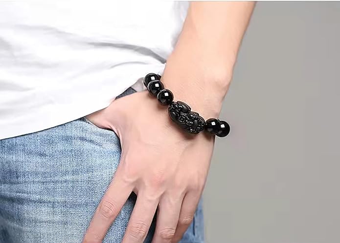 Black Obsidian Bracelet,Feng Shui Black Obsidian Wealth Bracelet for Women Men Stretch Obsidian Bracelet Bangle with Pixiu Tiger Eye Stone Attract Wealth Money and Good Luck